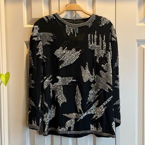 Vintage Oleg Cassini Black Silk Silver Abstract Beaded and Sequined Blouse S
